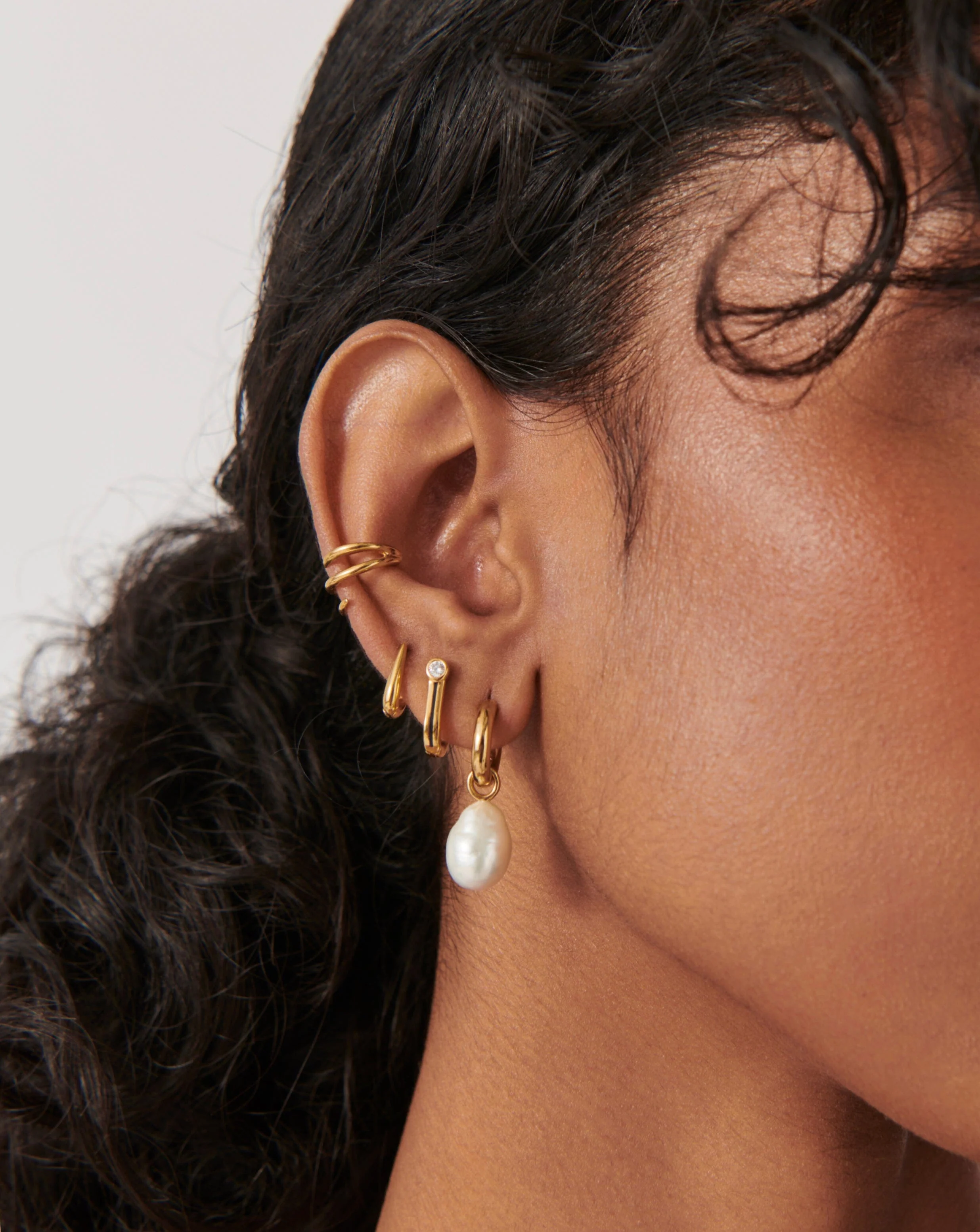 Baroque Pearl Drop Tunnel Mini Hoop Earrings | 18ct Gold Vermeil/Pearl - Image 3