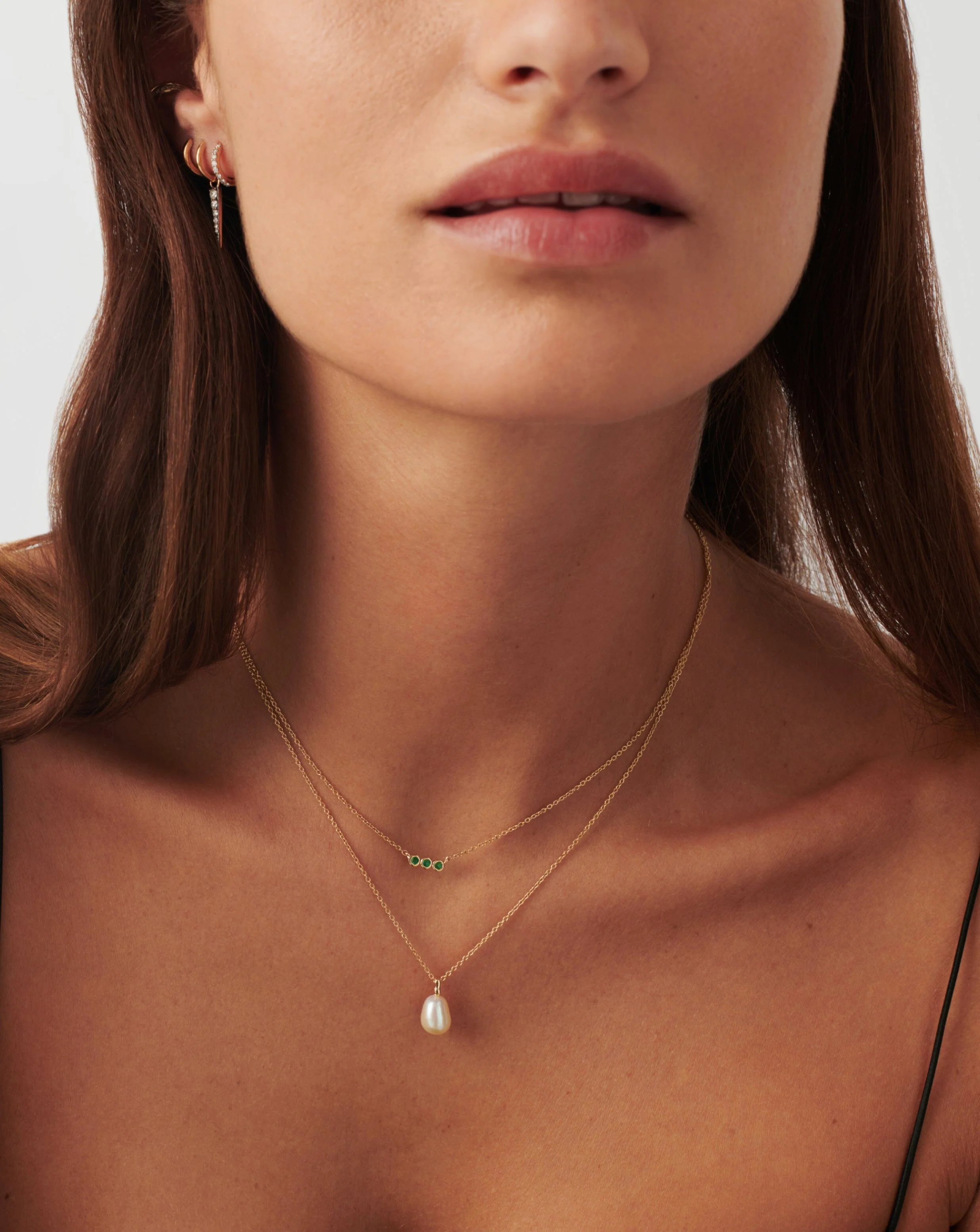 Solid Gold Emerald Solitaire Trio Necklace - Image 2
