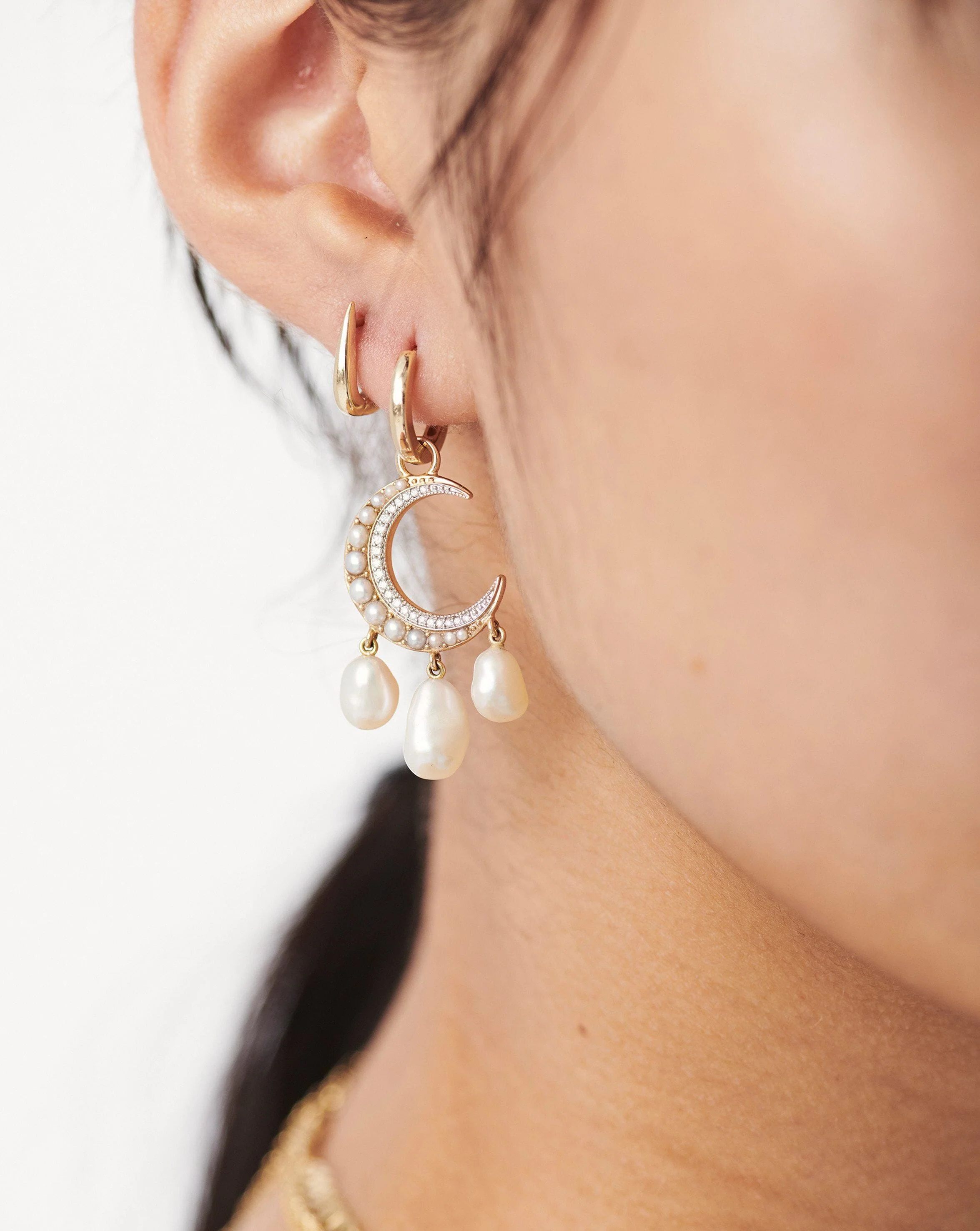 Harris Reed Solid Gold Moon Starlight Earrings | 14ct Solid Gold/Pearl & Diamond - Image 2