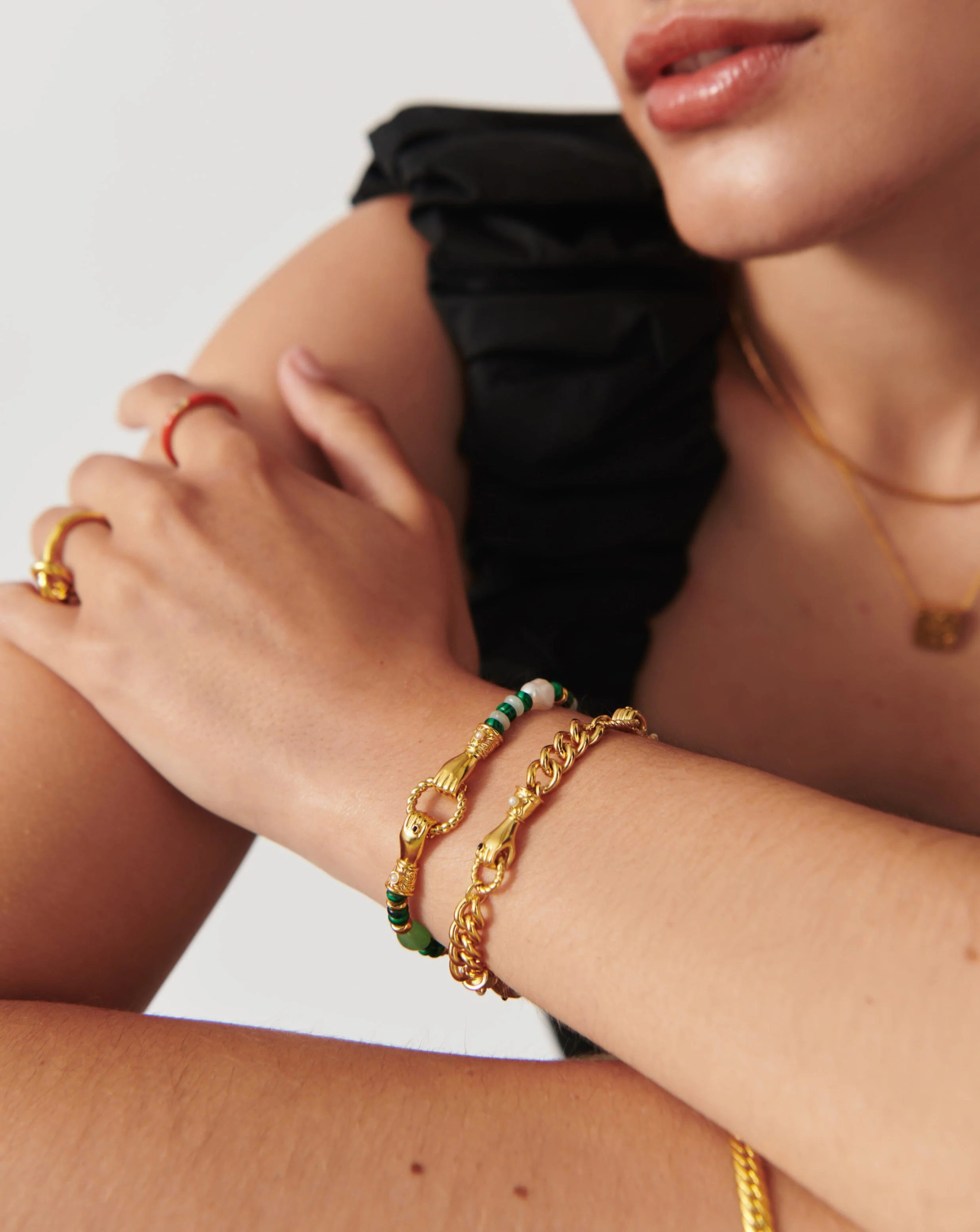 Harris Reed In Good Hands Beaded Gemstone Bracelet | 18ct Gold Plated/Multi Green Gemstone & Pearl - Image 6