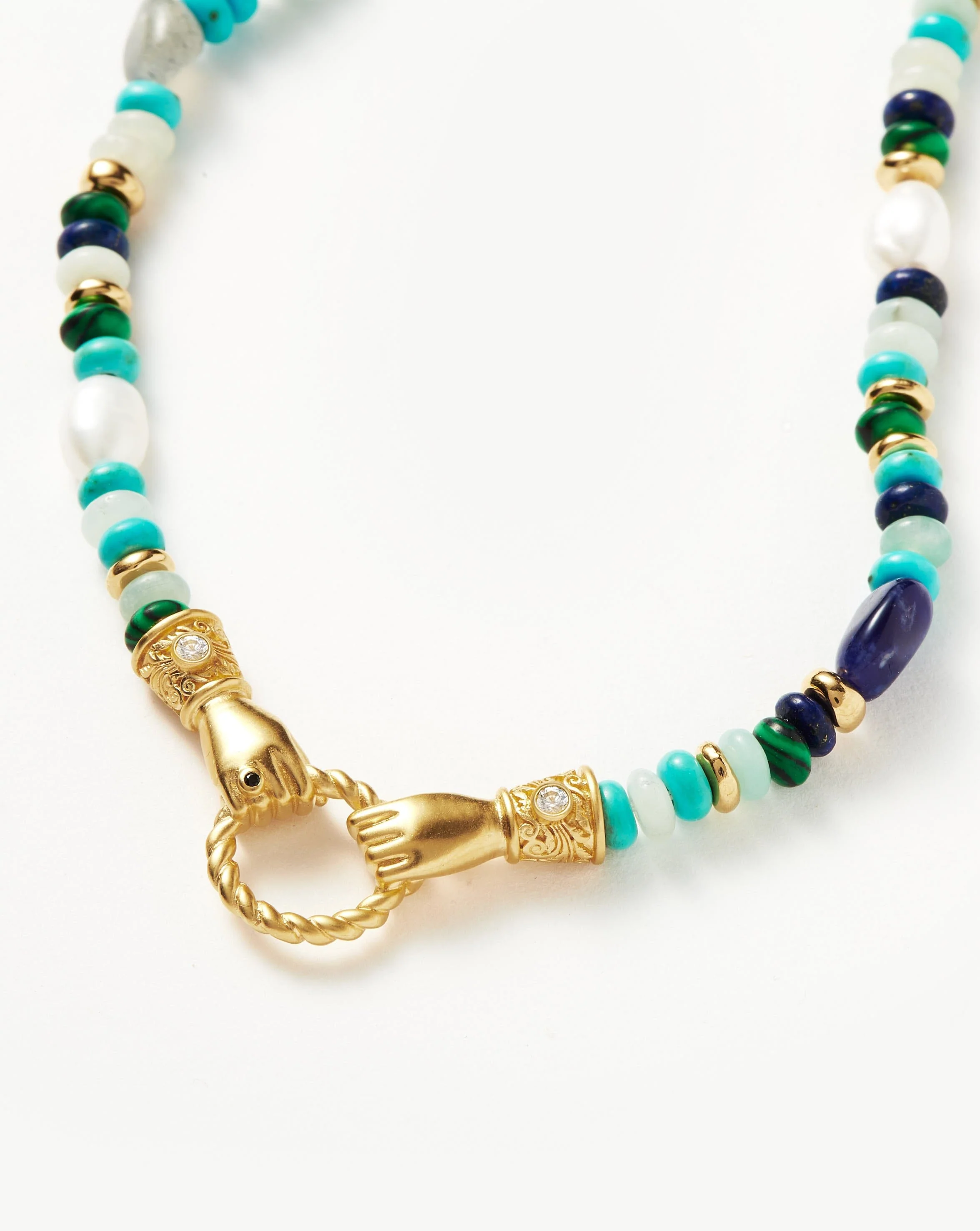 Harris Reed In Good Hands Beaded Gemstone Necklace | 18ct Gold Plated/Turquoise, Lapis & Pearl - Image 3