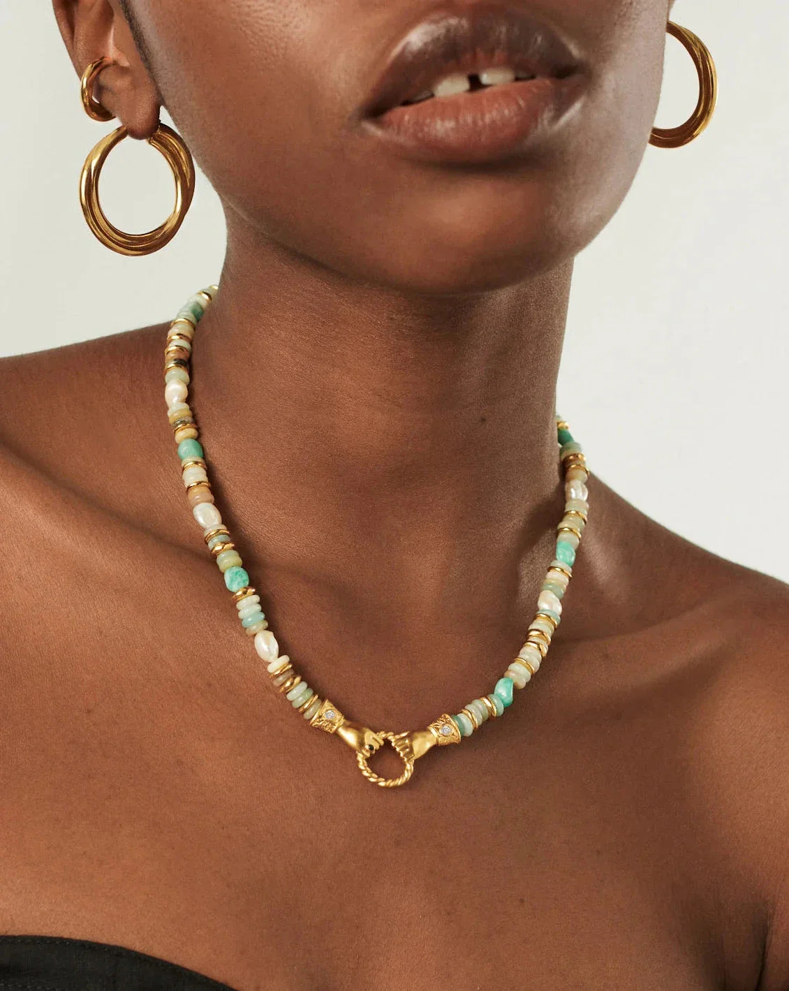 Harris Reed In Good Hands Chunky Beaded Gemstone Necklace | 18ct Gold Plated/Multi Amazonite & Pearl - Image 3