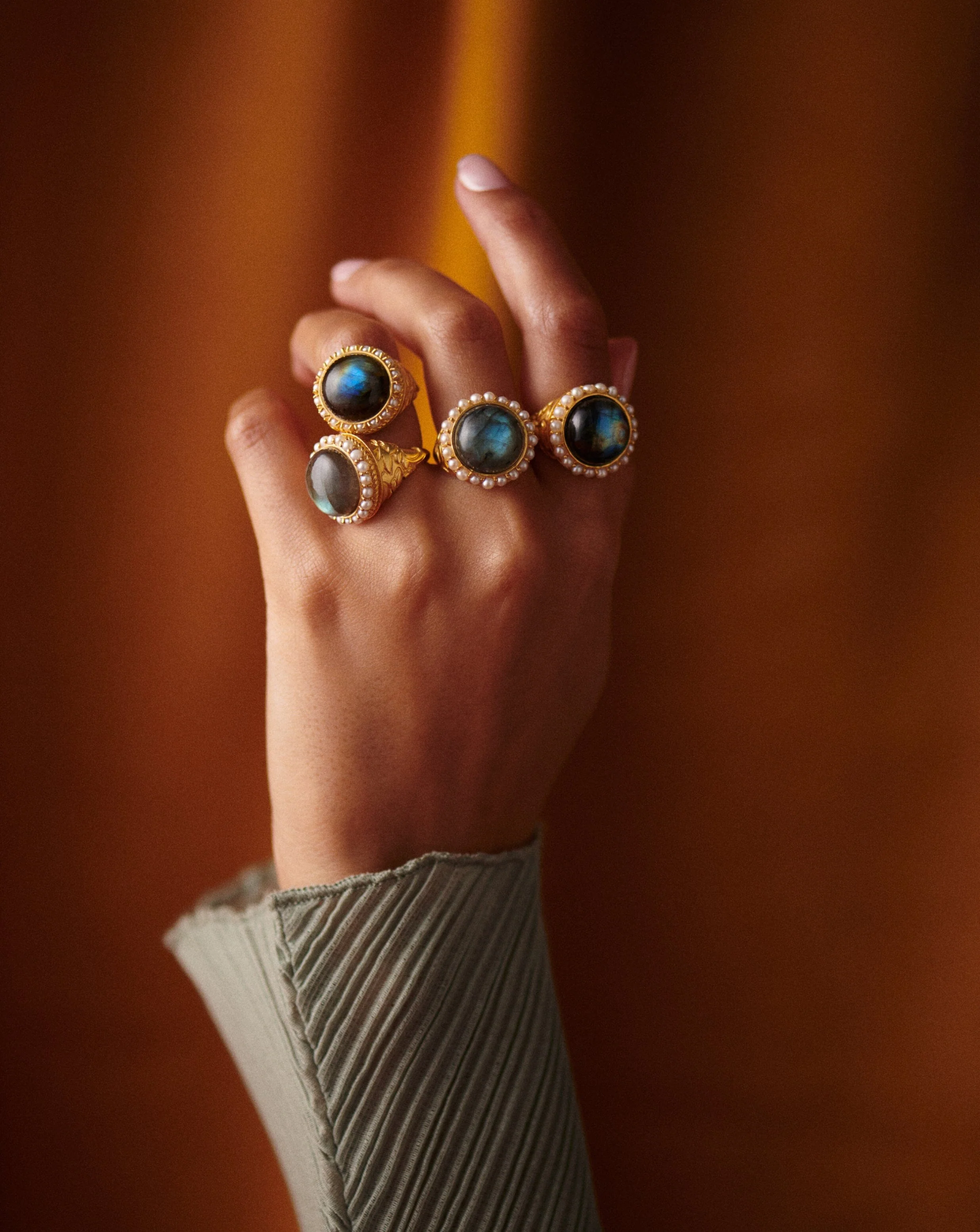 Harris Reed Labradorite Cocktail Ring | 18ct Gold Plated/Pearl & Labradorite - Image 2