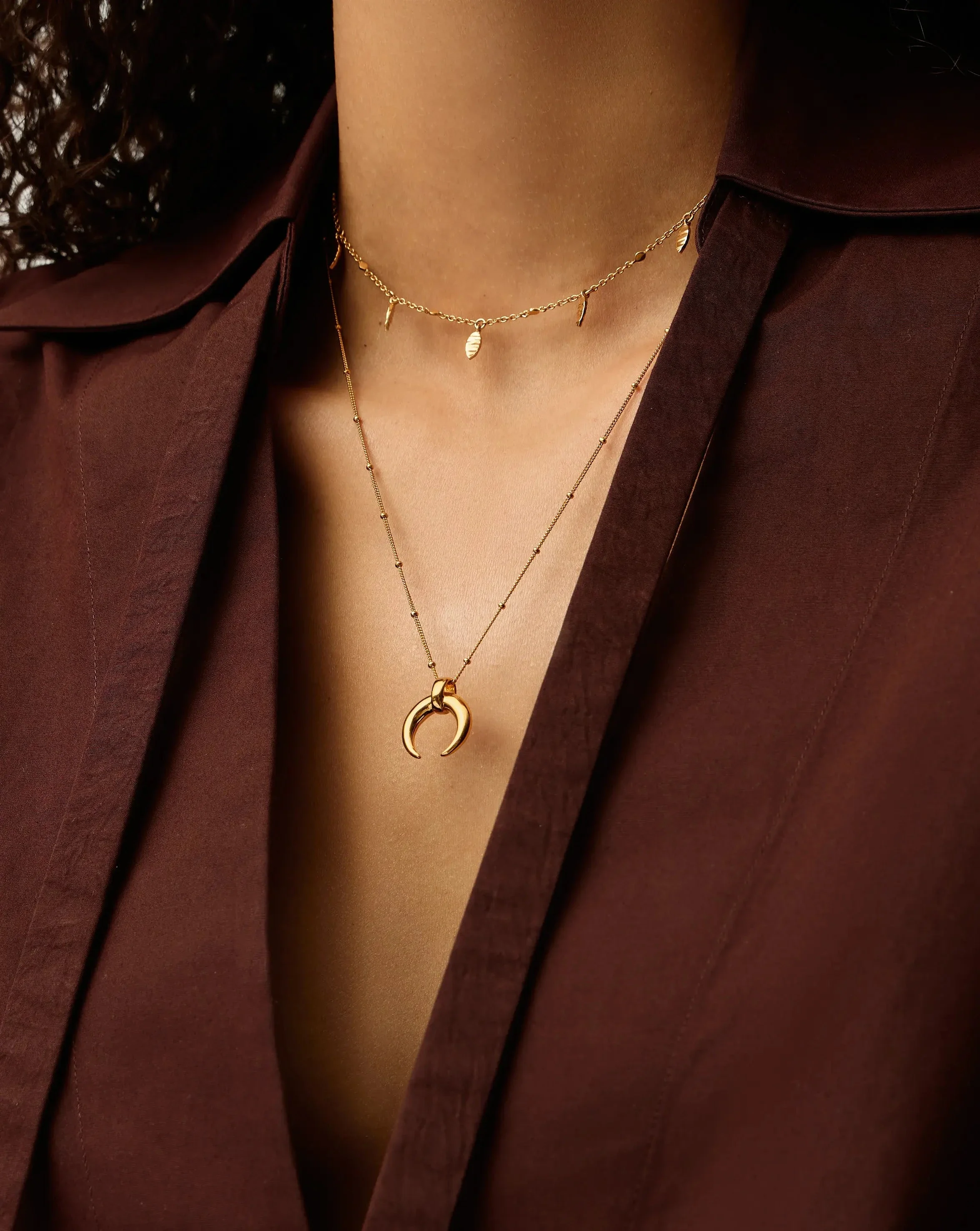 Lucy Williams Horn Necklace & Leaf Charm Choker Set | 18ct Gold Plated Vermeil - Image 2