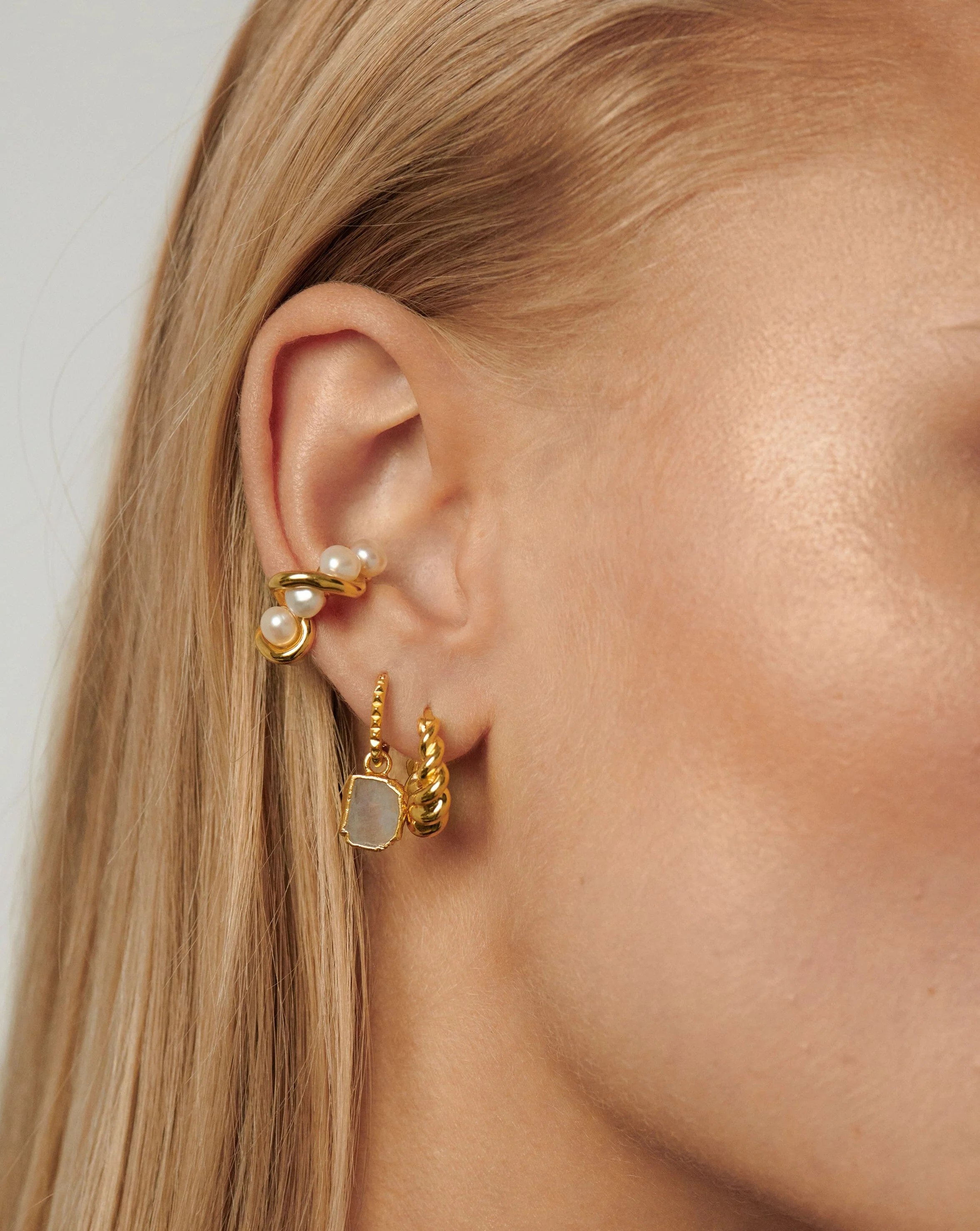 Mini Pyramid Charm Hoop Earrings | 18ct Gold Vermeil/Rainbow Moonstone - Image 3