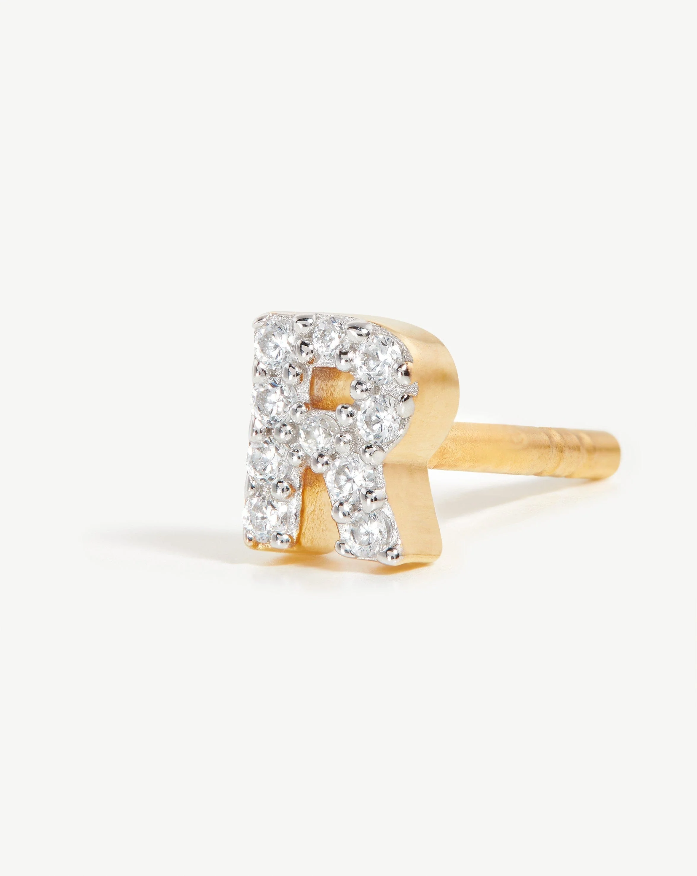 Pave Initial Single Stud Earring - Initial R | 18ct Gold Vermeil/Cubic Zirconia - Image 2