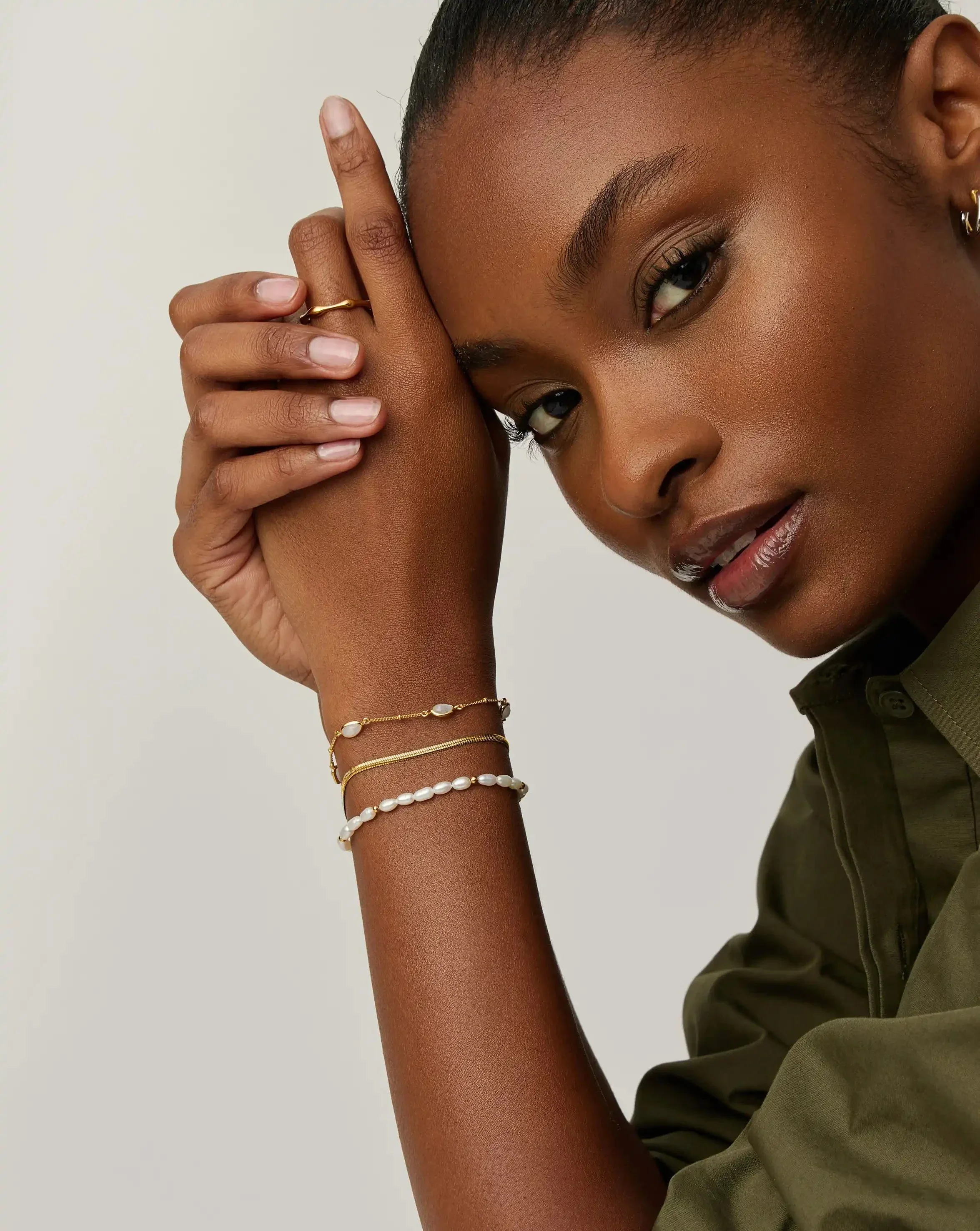Pearl & Snake Chain Triple Bracelet Set | 18ct Gold Plated/Pearl - Image 3