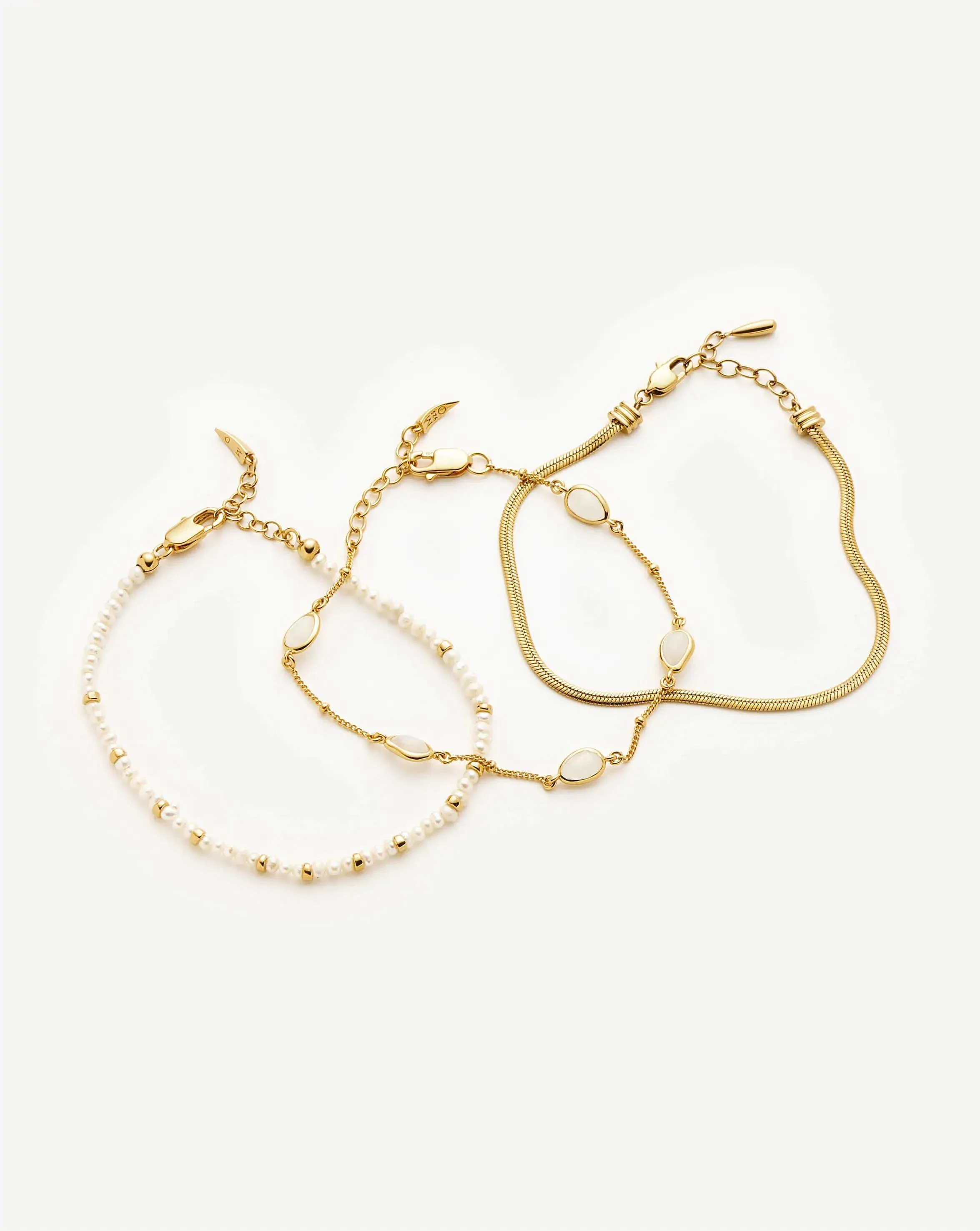 Pearl & Snake Chain Triple Bracelet Set | 18ct Gold Plated/Pearl - Image 4