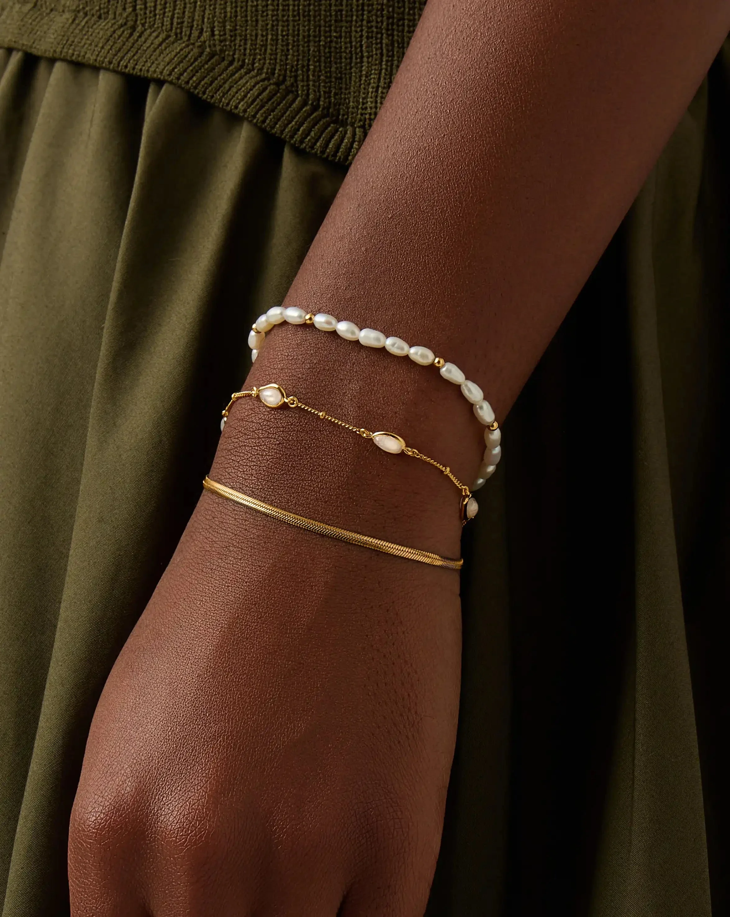 Pearl & Snake Chain Triple Bracelet Set | 18ct Gold Plated/Pearl - Image 6